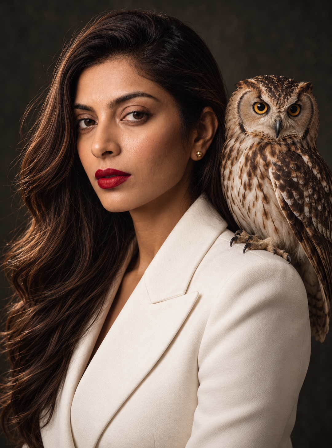 Nankii Siingh in an ivory blazer with an owl perched on her shoulder